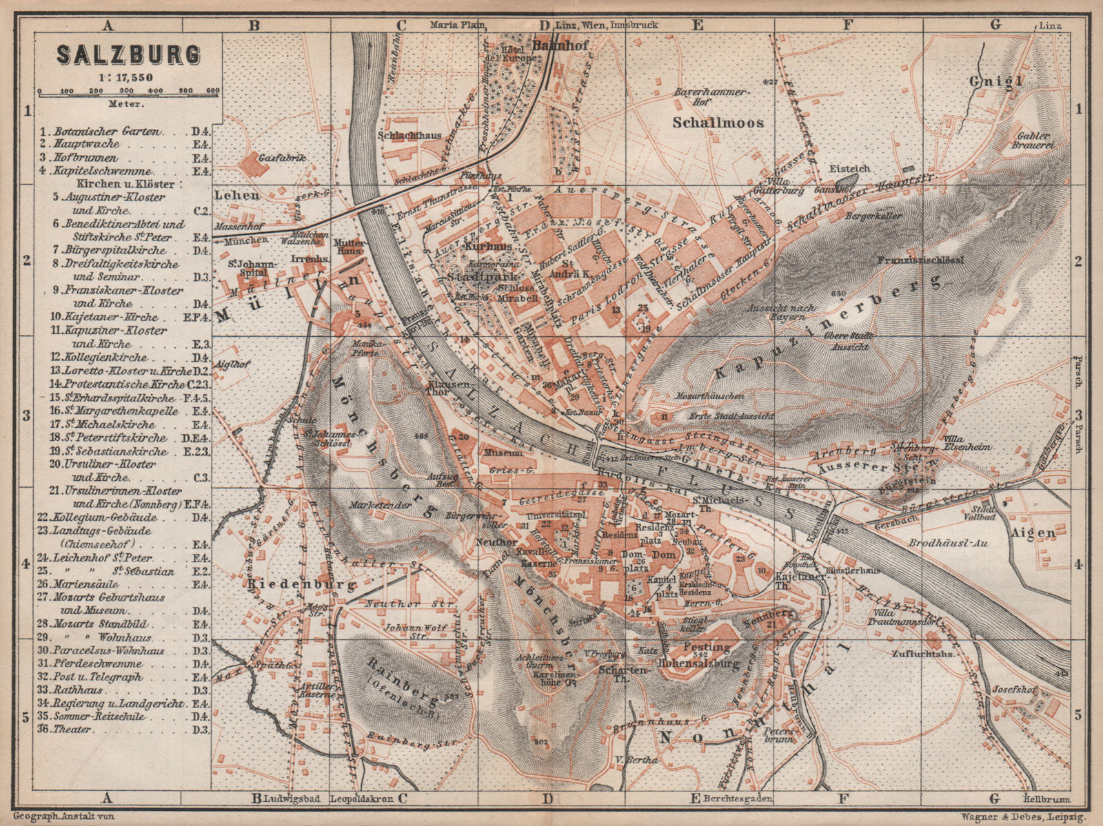 SALZBURG antique town city plan stadtplan. Austria Österreich karte 1896 map